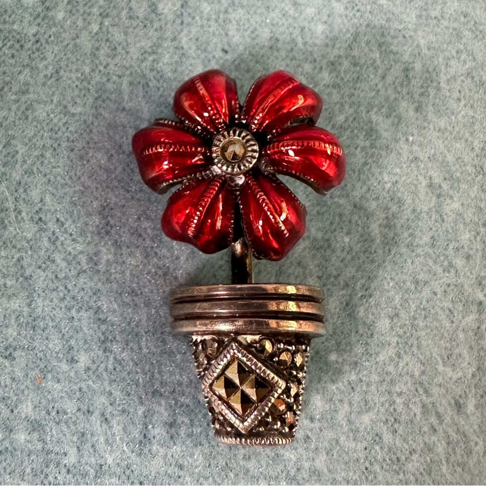 Vintage JUDITH JACK Red Enamel Sterling Flower in Pot Marcasite Pin Brooch
